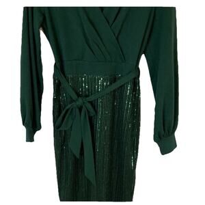 Grace Karin Womens Elegant Green Sequin Faux Wrap Dress Size-XL Holiday Party